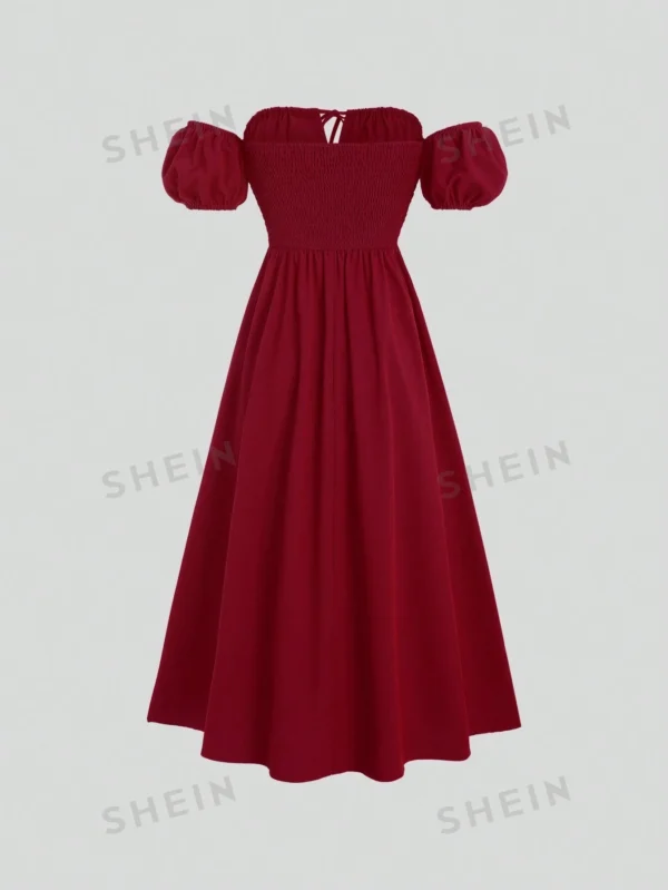 Vestido maxi de mujer estilo burdeos con hombros descubiertos y tejido de sarga a la moda - Imagen 2