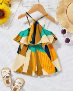 Ranita de niña para vacaciones de verano con diseño floral, tirantes al cuello y cuello con volantes