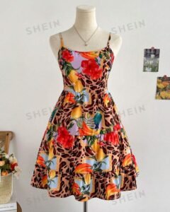 Vestido de verano tropical informal para mujer con estampado integral de leopardo