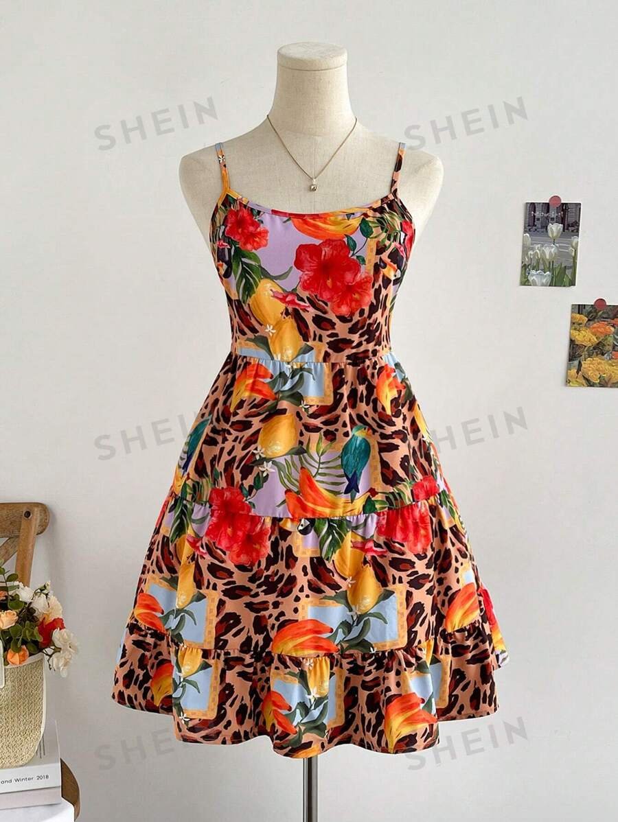 Vestido de verano tropical informal para mujer con estampado integral de leopardo