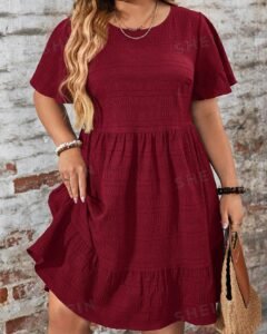 Vestido elegante de cuello redondo, manga de murciélago, plisado y dobladillo plisado para talla grande