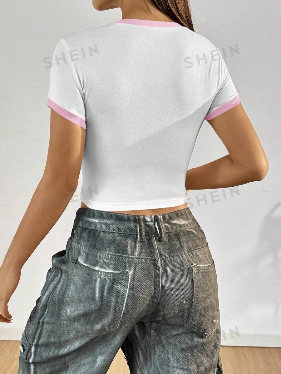 Camiseta de manga corta de verano con cuello redondo, estampado de frutas y letras - Imagen 2