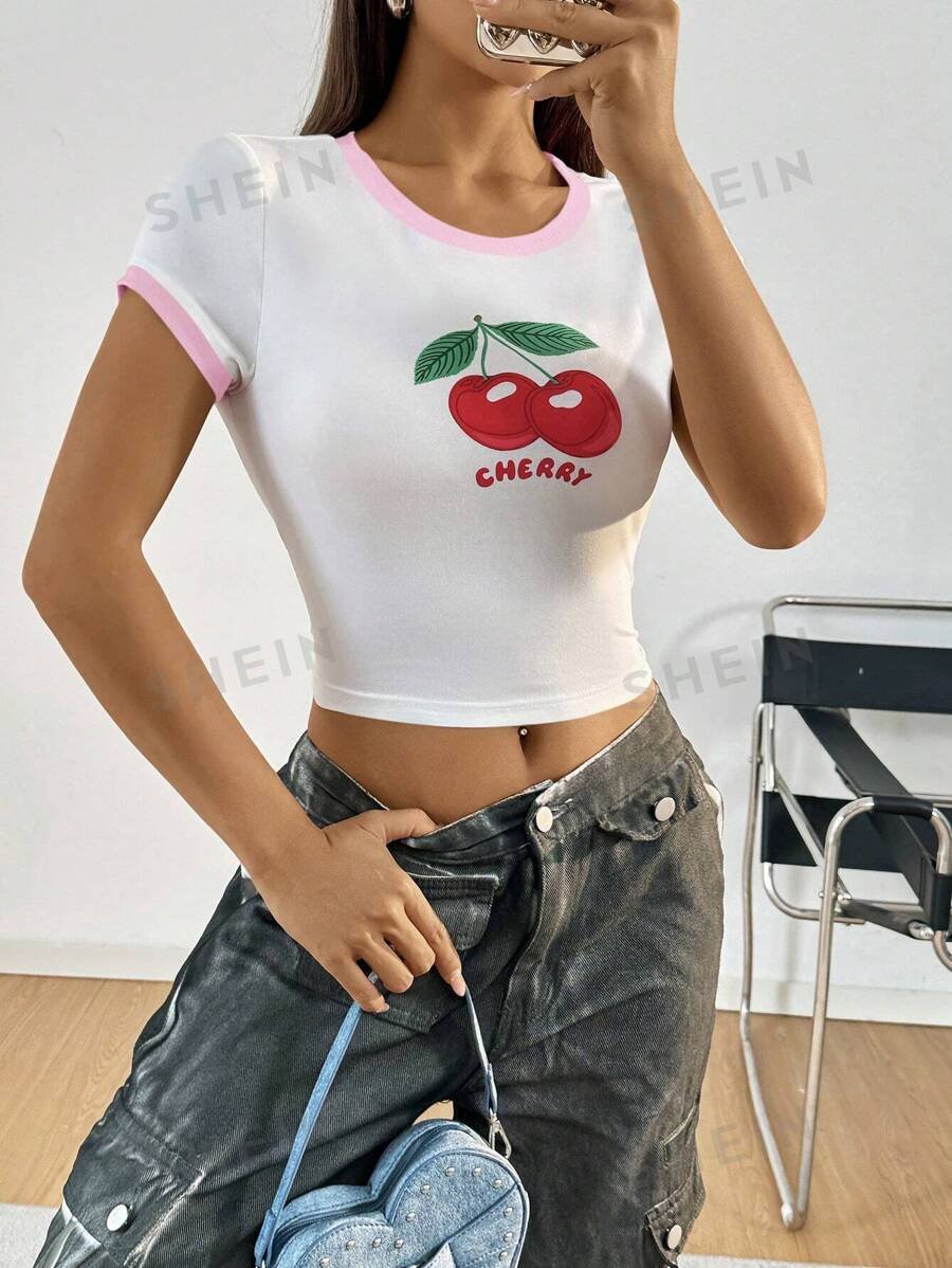 Camiseta de manga corta de verano con cuello redondo, estampado de frutas y letras - Imagen 3