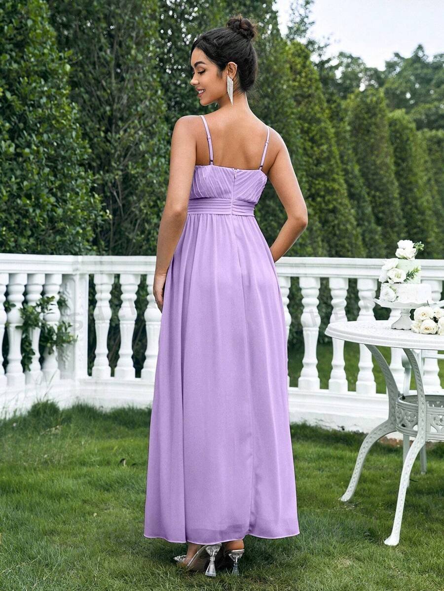 Belle Vestido maxi de mujer de unicolor de gasa con abertura alta y sin mangas - Imagen 2