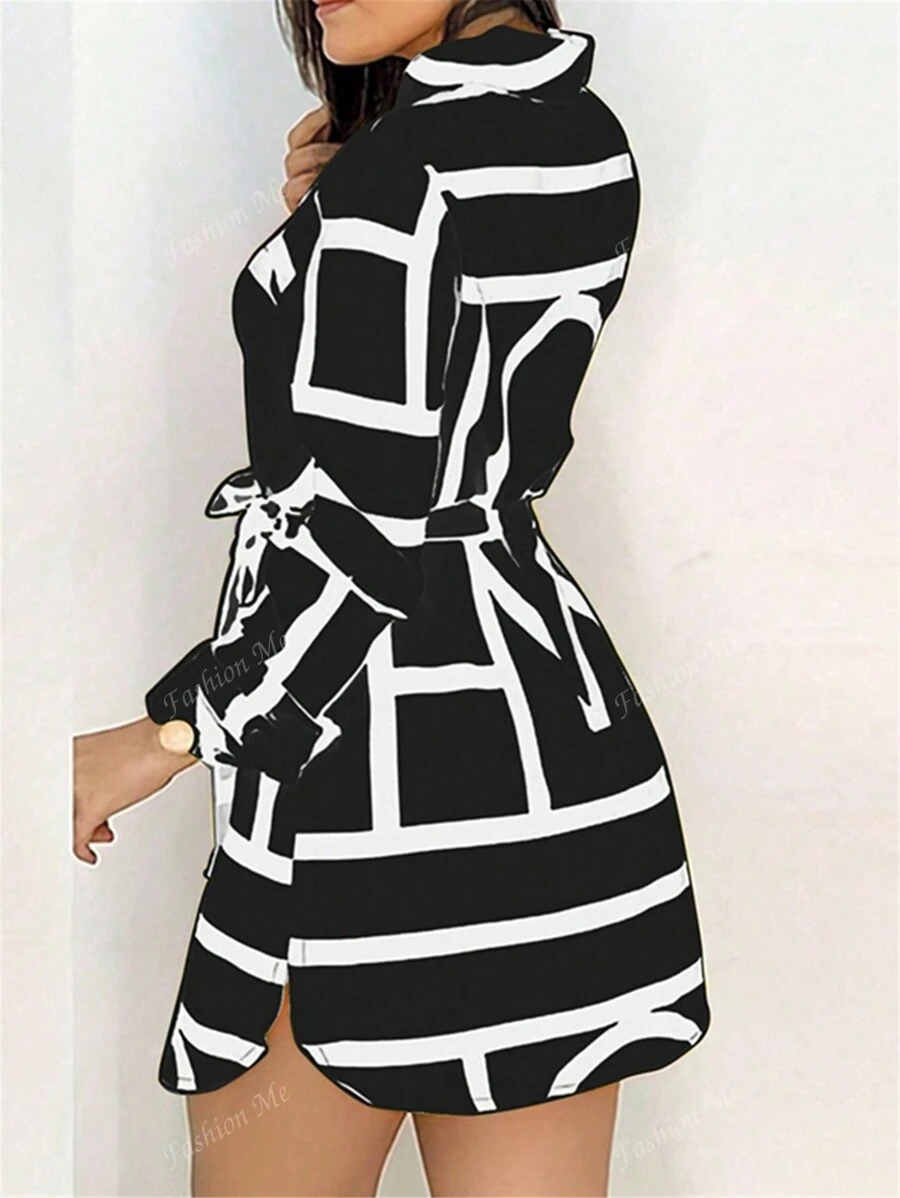 Vestido camisa de manga larga con estampado geométrico casual - Imagen 2