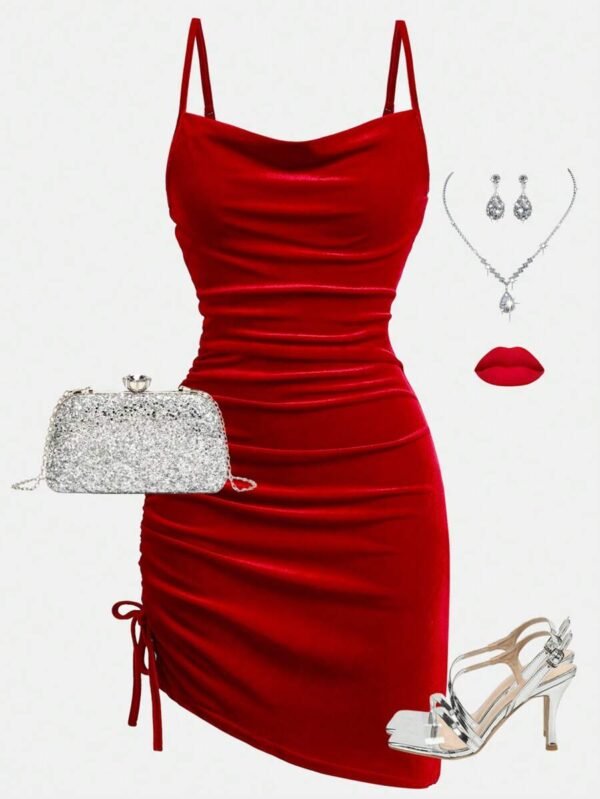 Vestido rojo de terciopelo con cuello en V para chicas