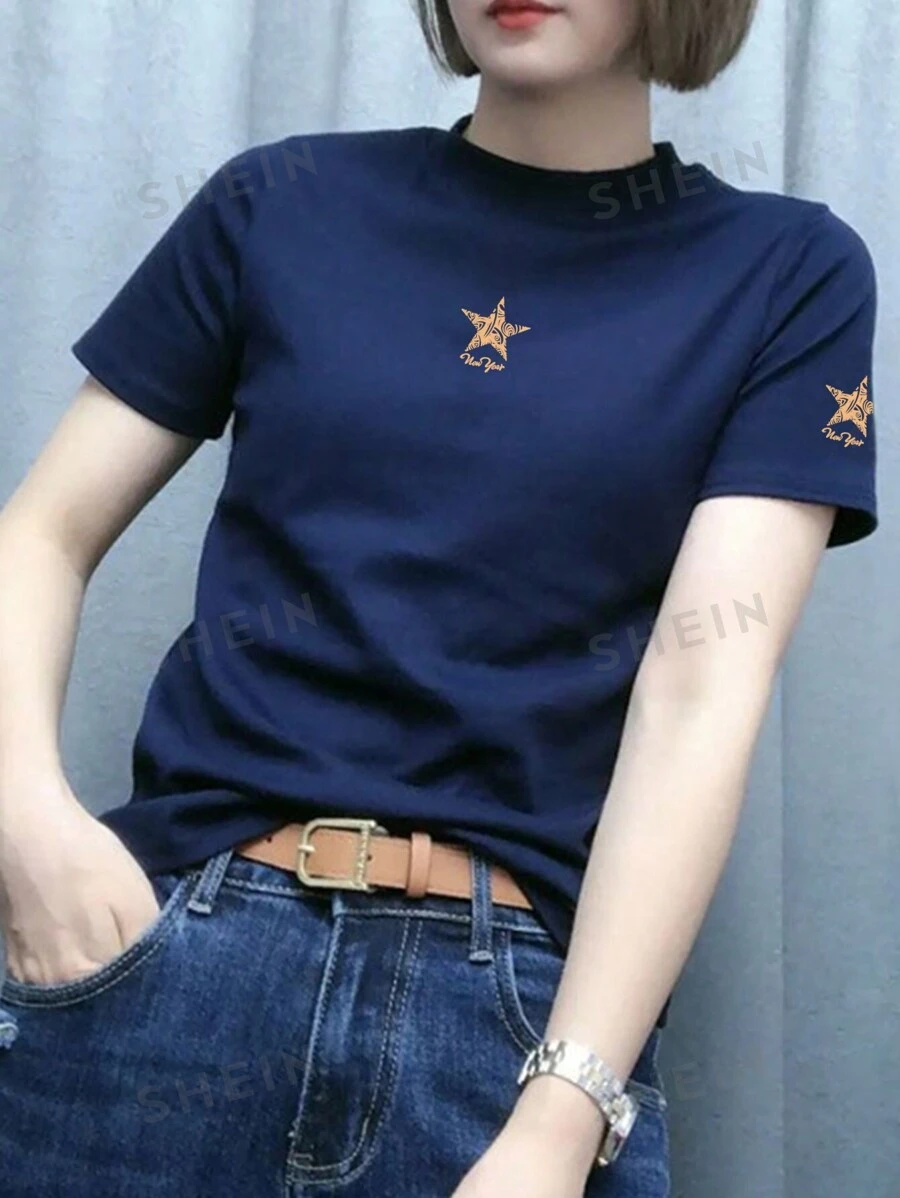 Camiseta casual de mujer de unicolor, cuello redondo - Imagen 3