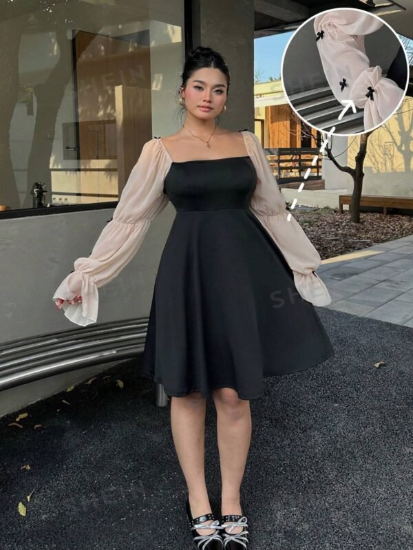 Vestido de manga larga de malla de lujo ligero con contraste para mujer