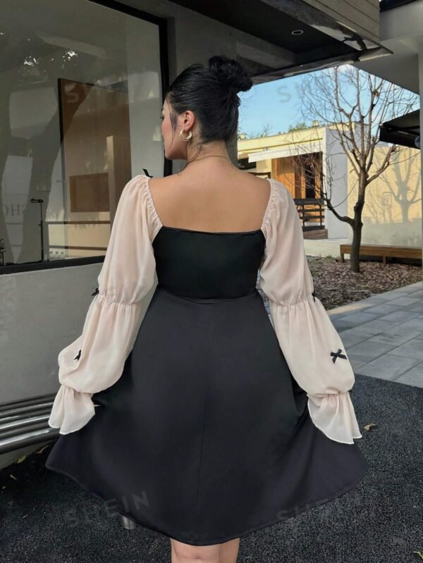 Vestido de manga larga de malla de lujo ligero con contraste para mujer - Imagen 3