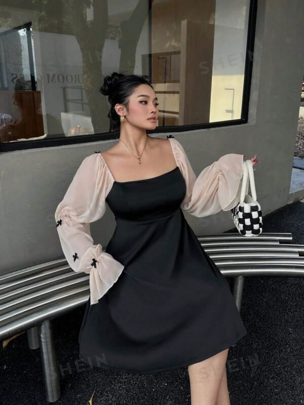 Vestido de manga larga de malla de lujo ligero con contraste para mujer - Imagen 2