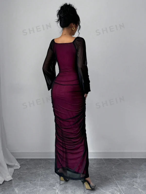 Vestido largo de manga larga elegante cuello redondo para mujer - Imagen 3