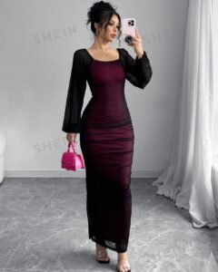 Vestido largo de manga larga elegante cuello redondo para mujer