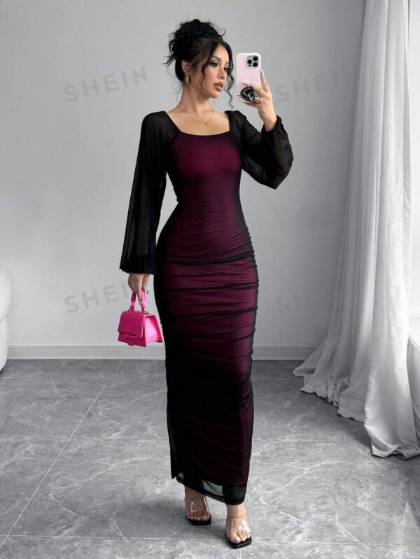 Vestido largo de manga larga elegante cuello redondo para mujer