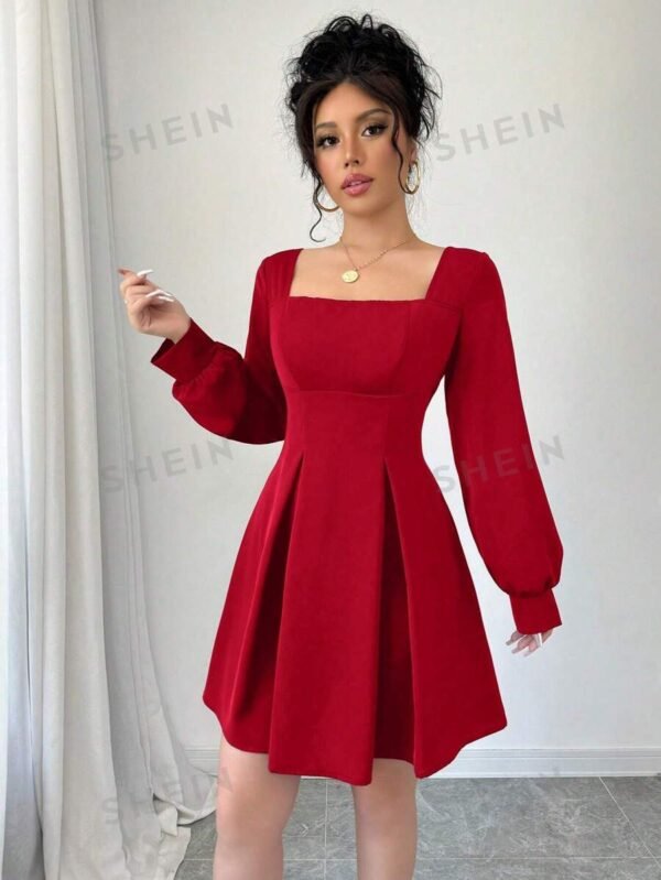 Vestido de mujer con cuello cuadrado y cintura anudada en unicolor - Imagen 2