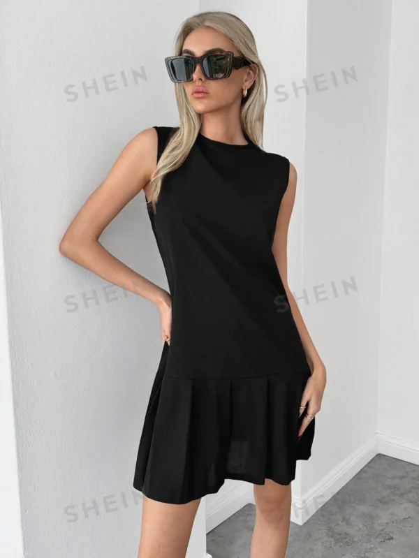 Vestido sólido de primavera sin mangas con dobladillo plisado - Imagen 3