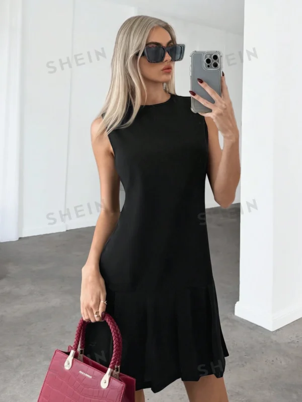 Vestido sólido de primavera sin mangas con dobladillo plisado