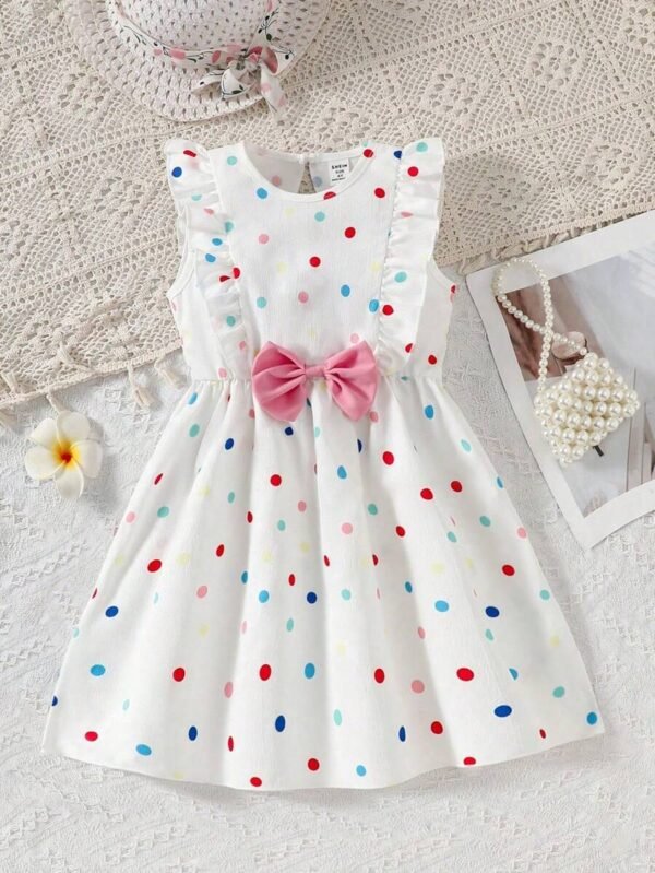 Vestido de verano para niña con gráfico de corazón, volante en el bajo y lazo decorativo
