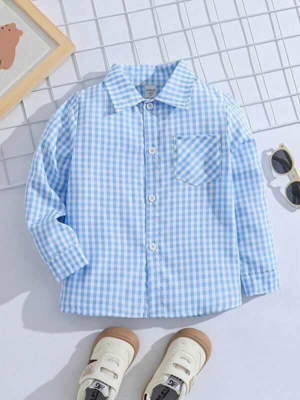 Camisa casual de manga larga con bolsillo a cuadros negros y blancos para niño