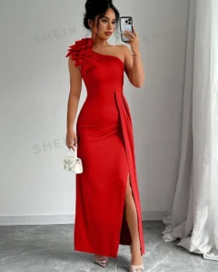 Vestido elegante de diseño de flor tridimensional con hombro asimétrico y sin mangas