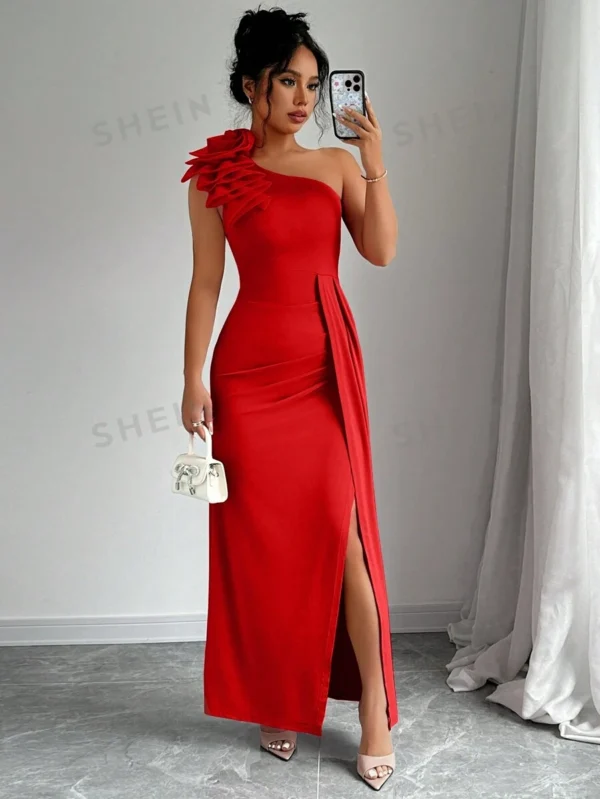 Vestido elegante de diseño de flor tridimensional con hombro asimétrico y sin mangas