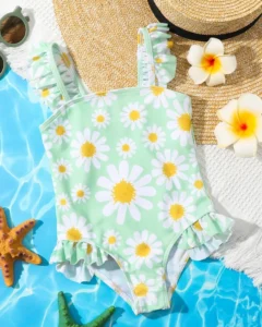 Traje de baño de una pieza con estampado floral y ribete de volantes