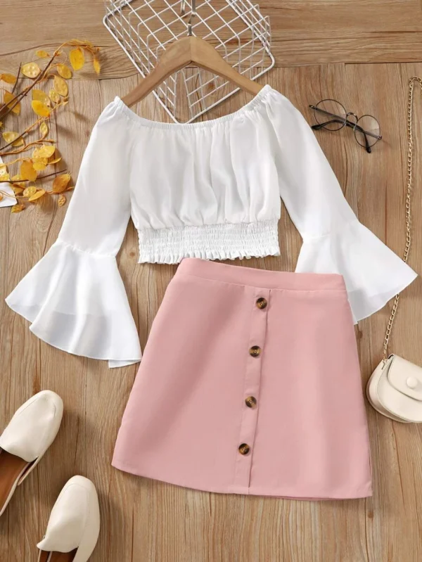 Blusa De Manga Acampanada Y Dobladillo Fruncido Con Falda De Botones Falsos