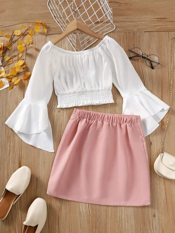Blusa De Manga Acampanada Y Dobladillo Fruncido Con Falda De Botones Falsos - Imagen 2
