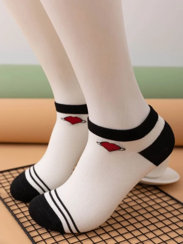 5 pares Calcetines tobilleros de rayas & con patrón de corazón - Imagen 2