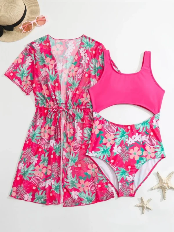 Bañador una pieza con estampado tropical con abertura con kimono