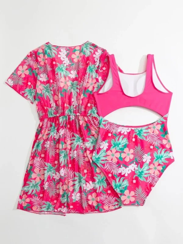 Bañador una pieza con estampado tropical con abertura con kimono - Imagen 2