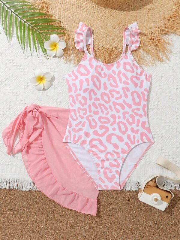 Bañador una pieza con estampado de leopardo ribete con fruncido con falda de playa