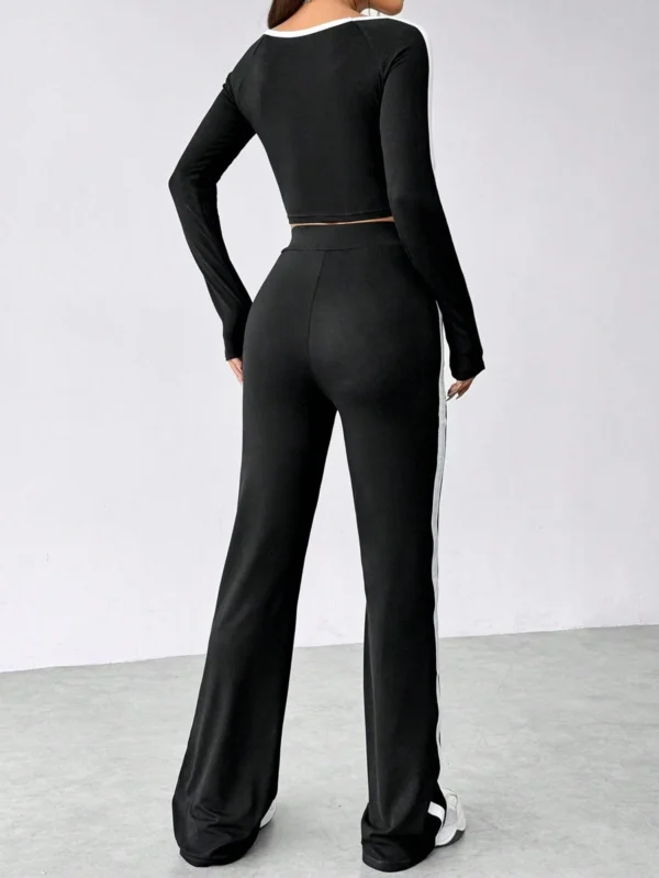 Conjunto De Blusa Corta De Manga Larga Y Pantalón Para Mujer Con Diseño De Bloques - Imagen 2