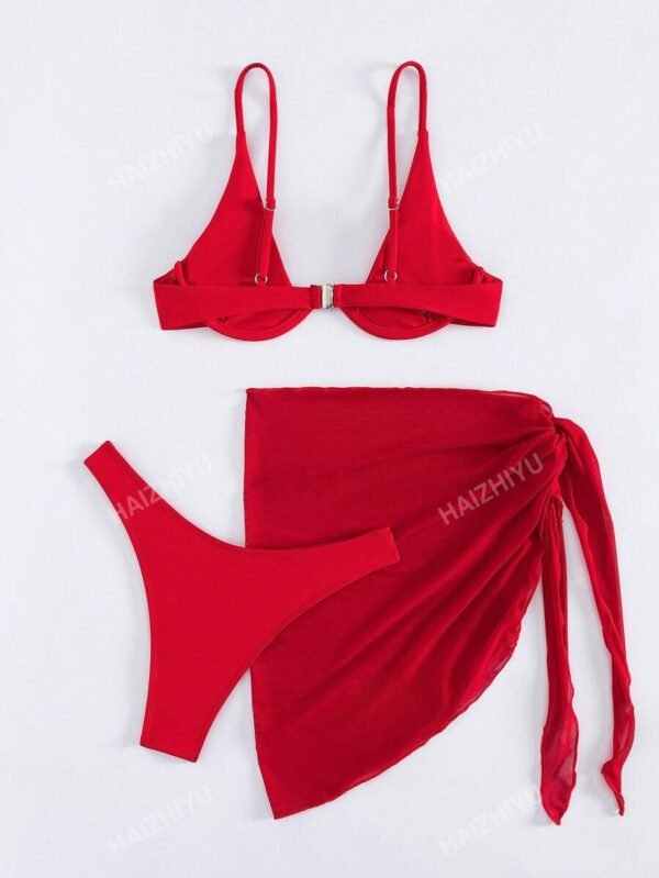 Conjunto de 3 piezas en unicolor para mujer, incluyendo sostén, tanga y falda - Imagen 2