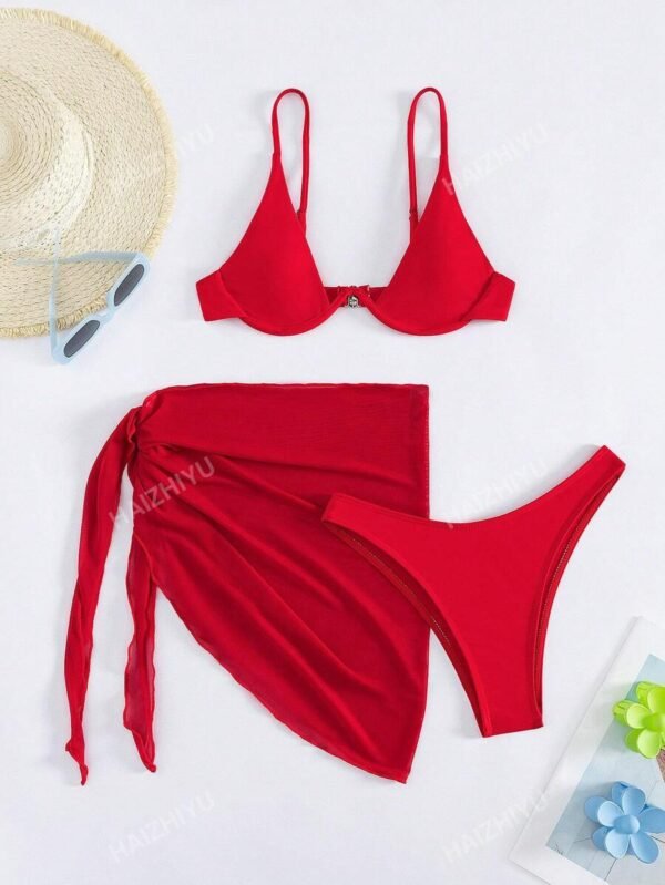 Conjunto de 3 piezas en unicolor para mujer, incluyendo sostén, tanga y falda