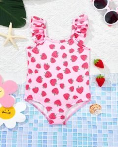 Traje de baño de una pieza con estampado de fresa y mangas cortas