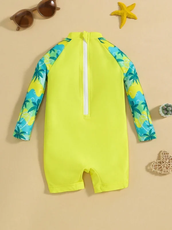 Traje de baño informal de manga larga con patrón de planta y tirantes cortos - Imagen 2