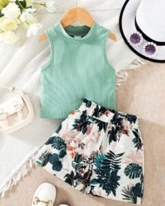 top de tirantes acanalado de unicolor y shorts impresos con plantas