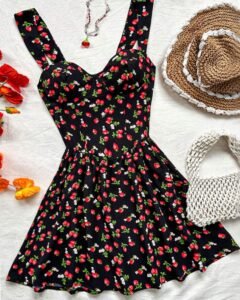 Vestido romántico de mujer con estampado floral diminuto de cintura elástica