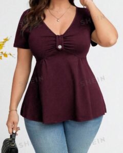 Blusa casual de manga corta con cuello en V sin estampado