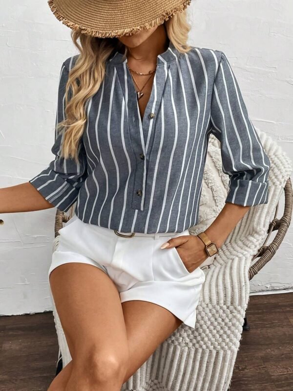 Camisa holgada y casual de mujer de algodón y lino con rayas - Imagen 3