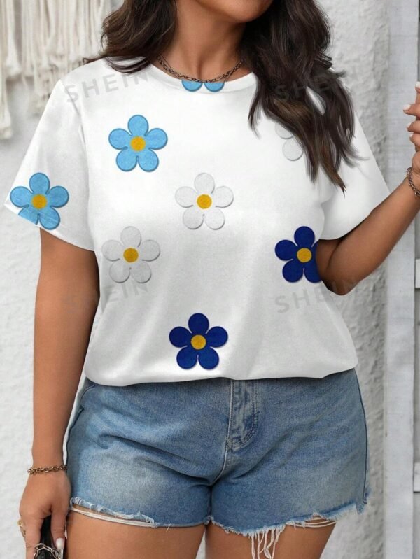 Camiseta de manga corta con cuello redondo en talla grande, de efecto 3D con estampado floral (copia)