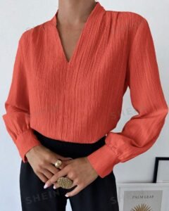 Blusa suelta de manga larga con cuello en V, lisa, para mujer