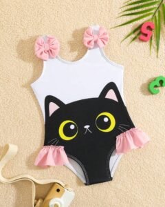 Traje de baño de una pieza con volantes, estampado de gato