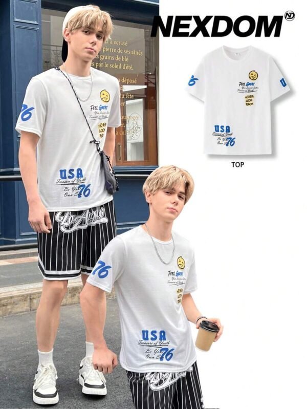 Camiseta blanca de manga corta con estampado informal de letras en inglés - Imagen 3
