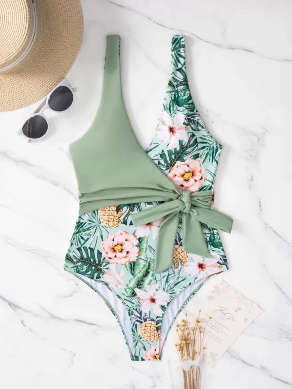 Bañador una pieza con estampado tropical con nudo lateral con cinturón - Imagen 3