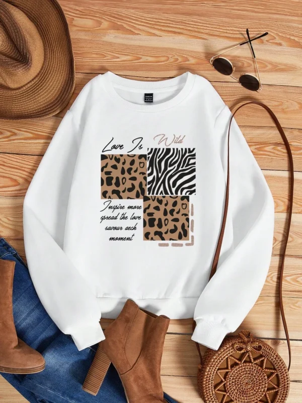 Sudadera holgada para mujer con estampado de cebra blanca y leopardo