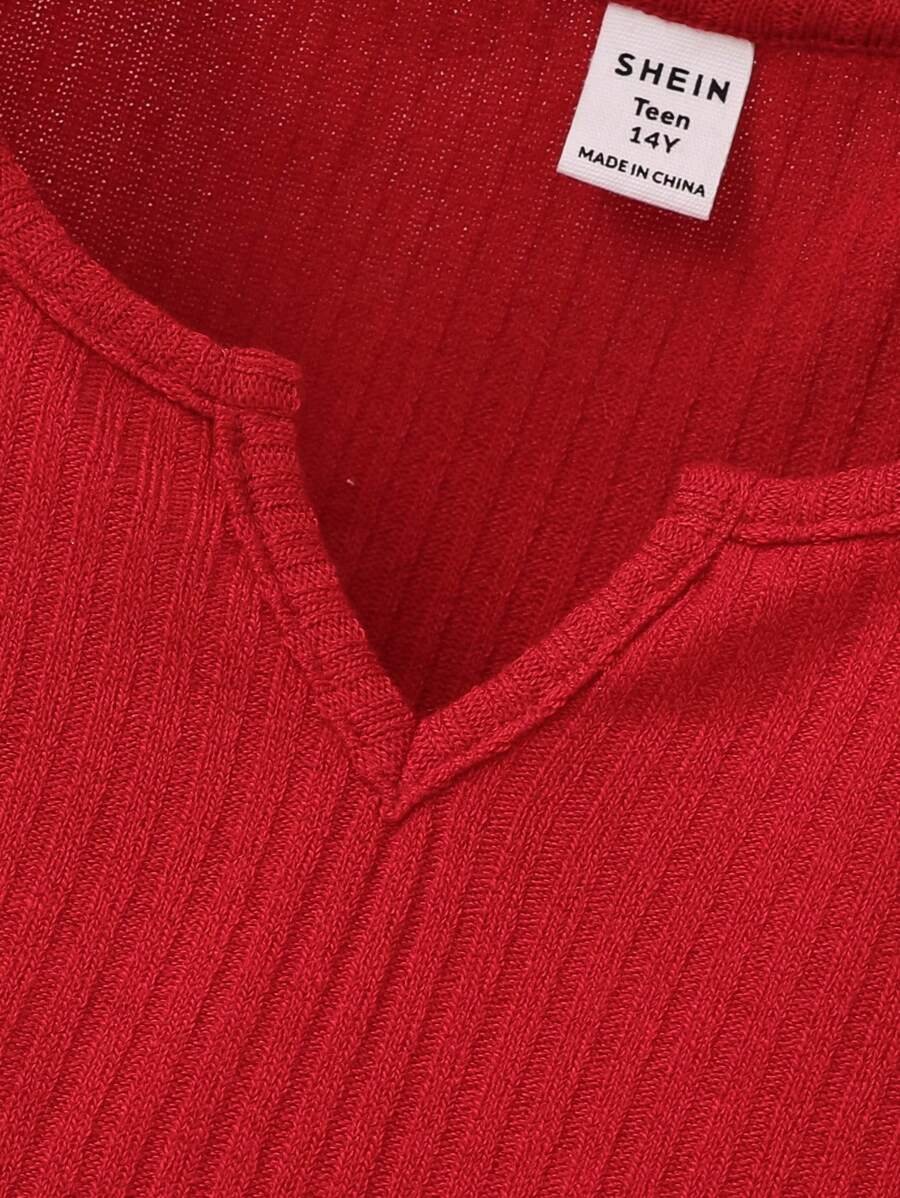 Camiseta Informal De Manga Corta Flameada De Color Liso De Punto - Imagen 3