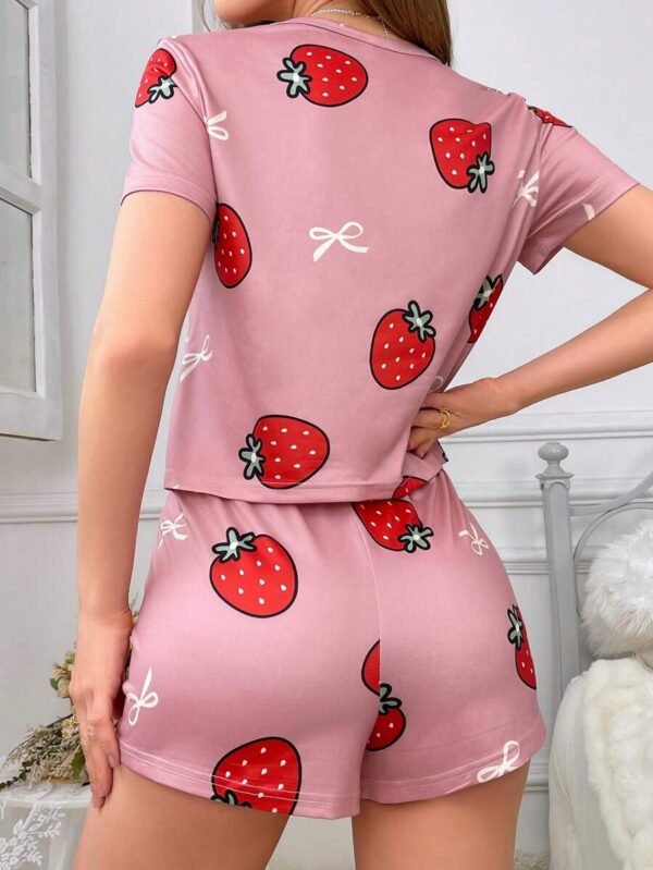 Conjunto De Pijama Y Camiseta De Manga Corta Decorada Con Lazo Y Estampado De Fresa - Imagen 2