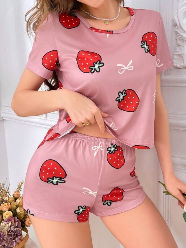 Conjunto De Pijama Y Camiseta De Manga Corta Decorada Con Lazo Y Estampado De Fresa