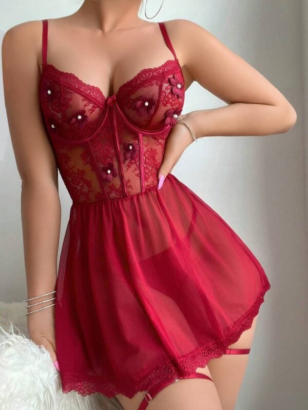 Conjunto de lencería sexy con vestido de encaje y malla - Imagen 3